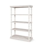 White boho-style open-shelf bar-back unit with multiple display tiers for event cocktail setups