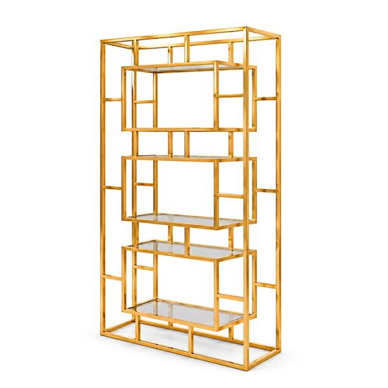 Gold metallic shelving back-bar unit with glass display shelves Reflection Bar Back Cannes Large for luxury event bar displays