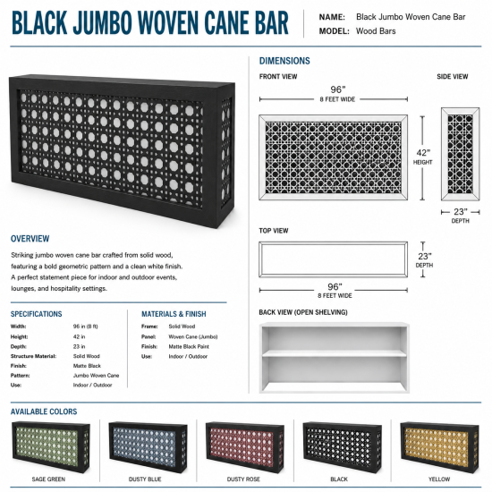 Black woven cane bar facade with yellow backing and geometric lattice panel design