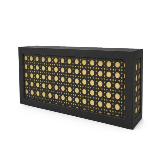 Black woven cane bar facade with yellow backing and geometric lattice panel design