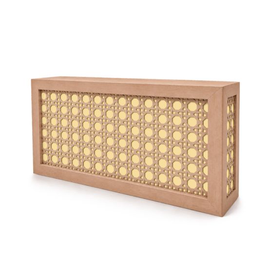 Modern natural wood woven cane bar with yellow backing and decorative geometric pattern