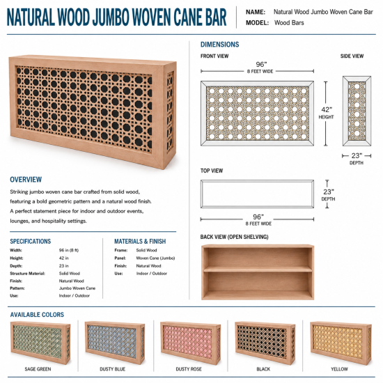 Modern natural wood woven cane bar with yellow backing and decorative geometric pattern