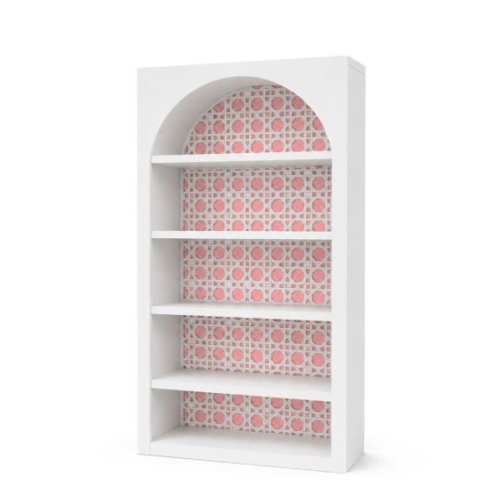 White arched bar back shelving unit with dusty rose geometric patterned backing