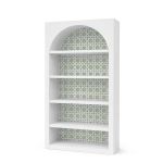 White colonial bar back shelf with sage green patterned backing and arched top design