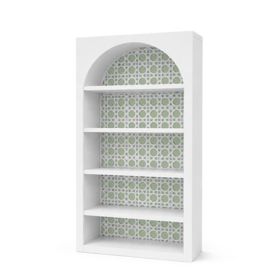 White colonial bar back shelf with sage green patterned backing and arched top design