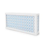 Decorative white woven cane bar with dusty blue backing and lattice panel detailing