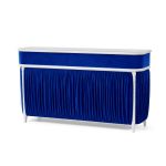Royal-blue pleated-front Santa Monica Bar rental unit with white trim for luxury event cocktail stations