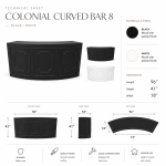 8-foot black curved rattan-panel Colonial Rattan bar rental unit with natural-tone weave front for luxury wedding and cocktail receptions