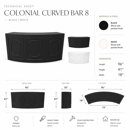 8-foot black curved rattan-panel Colonial Rattan bar rental unit with natural-tone weave front for luxury wedding and cocktail receptions