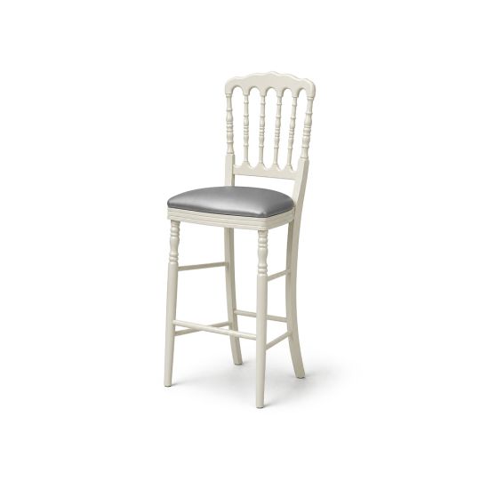 White Tavola bar stool with ornate back and silver cushion seat, stylish bar-height seating for receptions, lounges, and events