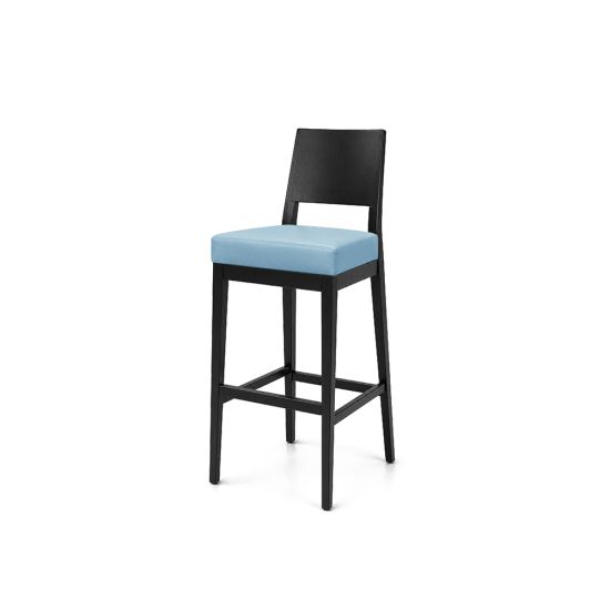 Black Porcino bar stool with straight high back, cushioned turquoise seat and four-leg frame with footrest, modern event or bar seating.