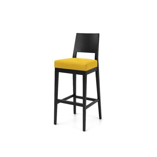 Black Porcino bar stool with straight high back, cushioned yellow seat and four-leg frame with footrest, modern event or bar seating.