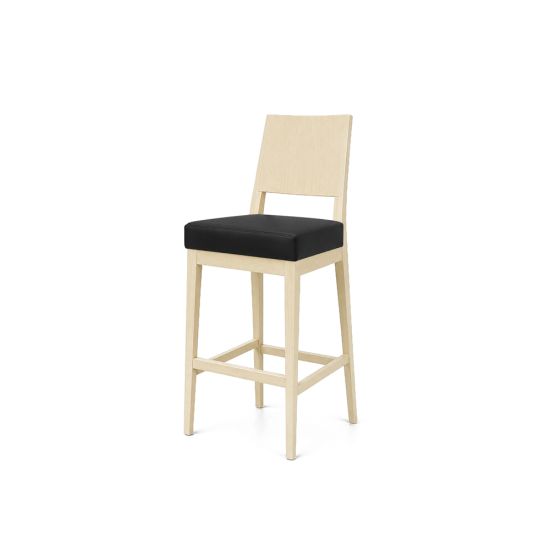 Ivory Porcino bar stool with high straight back, cushioned black seat and light-wood four-leg frame with foot-rail, elegant event bar seating