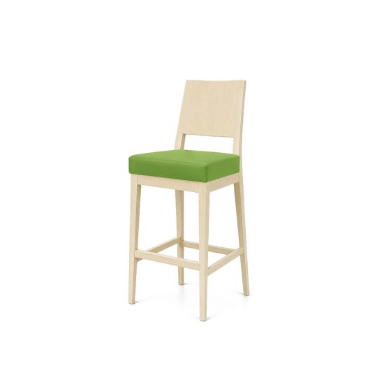 Ivory Porcino bar stool with high straight back, cushioned green seat and light-wood four-leg frame with foot-rail, elegant event bar seating