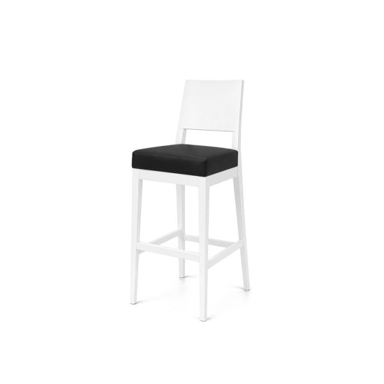 White Porcino bar stool with high straight white back, cushioned black seat and four-leg white frame with footrest for modern event bar seating