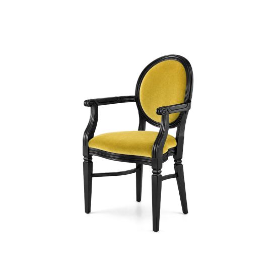 Classic black framed Chandelle armchair featuring a warm gold velvet seat.