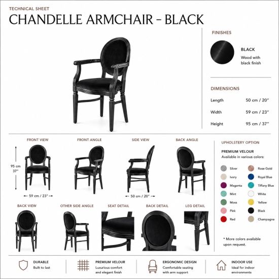 Luxury black Chandelle armchair finished with bright silver velvet upholstery