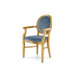 Gold framed Chandelle armchair featuring dusty blue velvet seat and oval backrest.