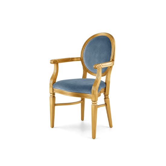 Gold framed Chandelle armchair featuring dusty blue velvet seat and oval backrest.