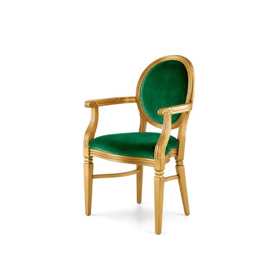 Chandelle armchair with metallic gold frame and bright yellow velvet seat and back.