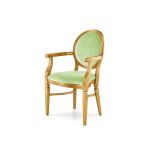 Classic Chandelle gold armchair paired with light mint green velvet cushions.