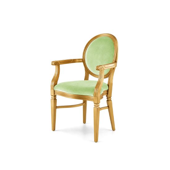 Classic Chandelle gold armchair paired with light mint green velvet cushions.