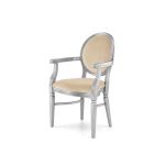 Chandelle armchair with a sleek silver frame and champagne beige velvet upholstery.