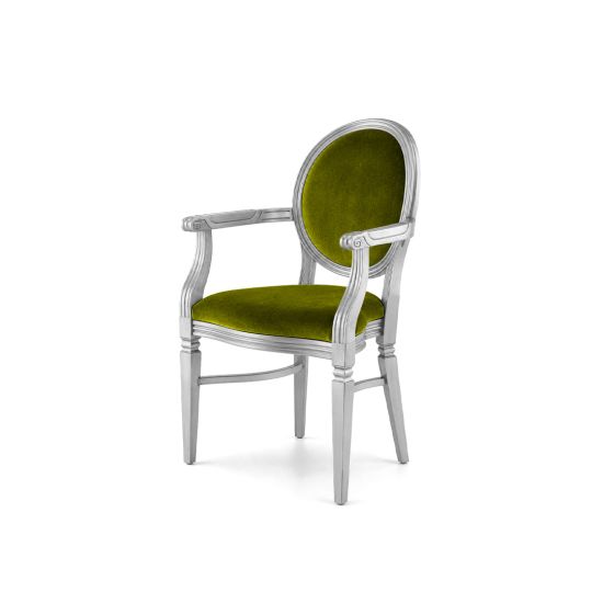 Oval-back silver Chandelle armchair finished with rich moss green velvet upholstery.