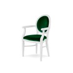 Monochromatic white Chandelle armchair featuring pristine emerald green velvet upholstery.