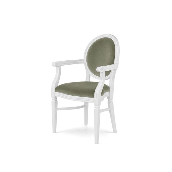 Chandelle armchair with a classic white finish and bright silver velvet upholstery.