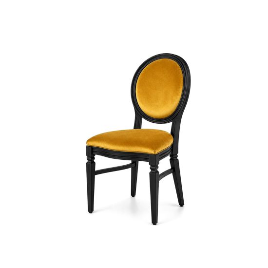 Chandelle chair with a black wood frame and velvet upholstered seat and backrest, elegant event seating for weddings, galas, corporate events, and luxury receptions.