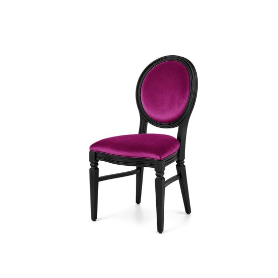 Chandelle chair with a black wood frame and velvet upholstered seat and backrest, elegant event seating for weddings, galas, corporate events, and luxury receptions.