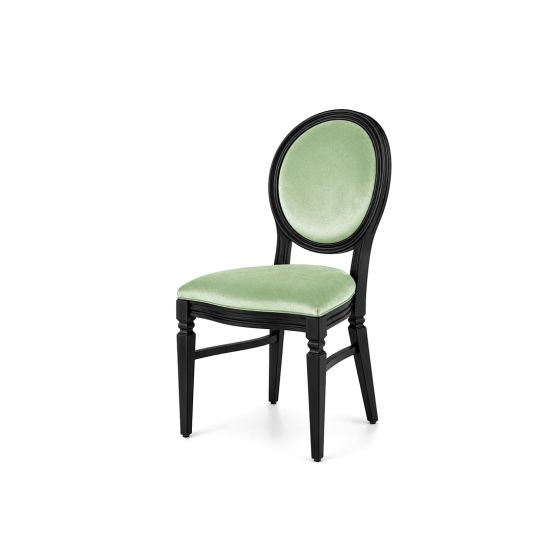Chandelle chair with a black wood frame and velvet upholstered seat and backrest, elegant event seating for weddings, galas, corporate events, and luxury receptions.