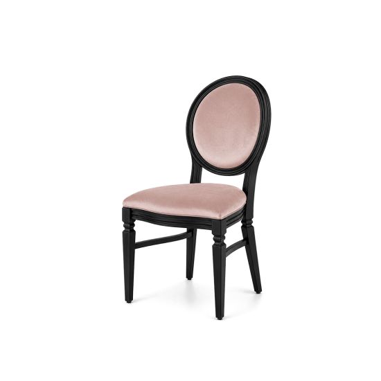 Chandelle chair with a black wood frame and velvet upholstered seat and backrest, elegant event seating for weddings, galas, corporate events, and luxury receptions.