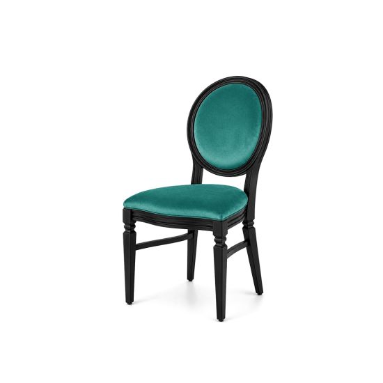 Chandelle chair with a black wood frame and velvet upholstered seat and backrest, elegant event seating for weddings, galas, corporate events, and luxury receptions.