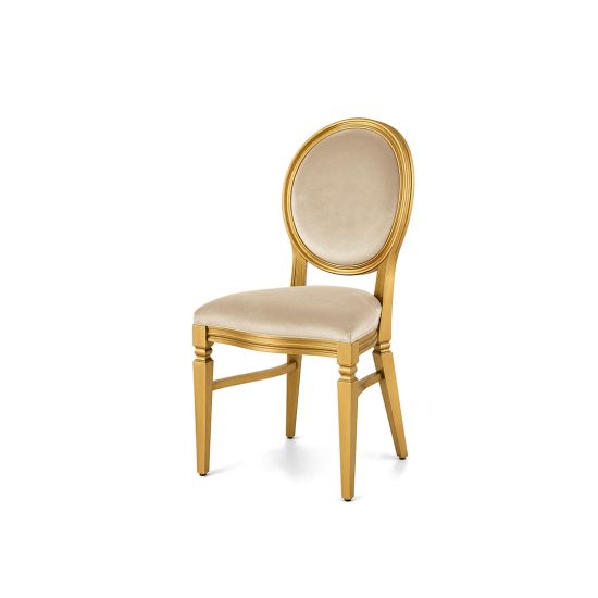 Gold Chandelle chair with an oval backrest, gold wood frame, and champagne velvet upholstery, elegant seating for weddings, galas, corporate events, and luxury receptions.