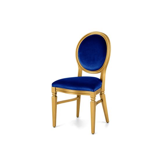 Gold Chandelle chair with an oval backrest, gold wood frame, and champagne velvet upholstery, elegant seating for weddings, galas, corporate events, and luxury receptions.