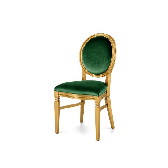Gold Chandelle chair with an oval backrest, gold wood frame, and emerald green velvet upholstery, elegant seating for weddings, galas, corporate events, and luxury receptions.