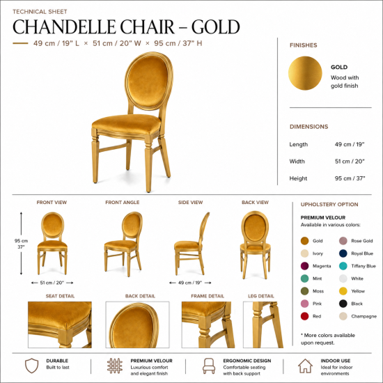 Gold Chandelle chair with an oval backrest, gold wood frame, and emerald green velvet upholstery, elegant seating for weddings, galas, corporate events, and luxury receptions.