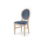 Natural wood Chandelle chair with oval backrest and velvet upholstery for weddings, gala dinners, corporate events, and luxury receptions.