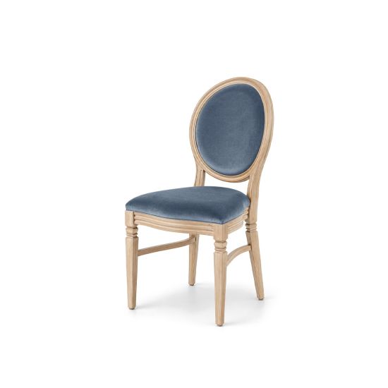 Natural wood Chandelle chair with oval backrest and velvet upholstery for weddings, gala dinners, corporate events, and luxury receptions.