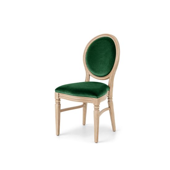 Natural wood Chandelle chair with oval backrest and velvet upholstery for weddings, gala dinners, corporate events, and luxury receptions.