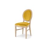 Natural wood Chandelle chair with oval backrest and velvet upholstery for weddings, gala dinners, corporate events, and luxury receptions.