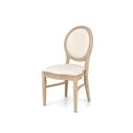 Natural wood Chandelle chair with an oval backrest and ivory leather upholstery, elegant seating for weddings, galas, corporate events, and luxury receptions.