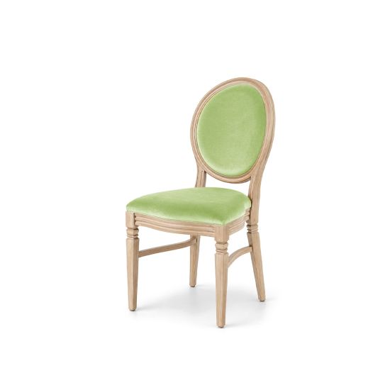 Natural wood Chandelle chair with oval backrest and velvet upholstery for weddings, gala dinners, corporate events, and luxury receptions.