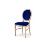 Natural wood Chandelle chair with oval backrest and velvet upholstery for weddings, gala dinners, corporate events, and luxury receptions.