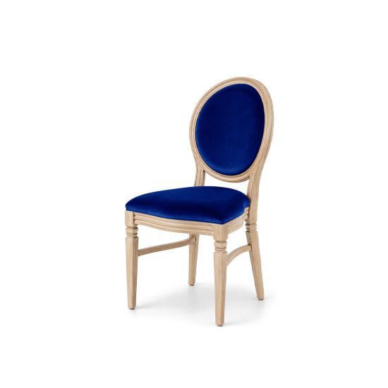 Natural wood Chandelle chair with oval backrest and velvet upholstery for weddings, gala dinners, corporate events, and luxury receptions.