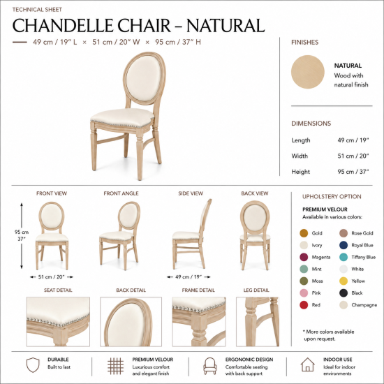Natural wood Chandelle chair with oval backrest and velvet upholstery for weddings, gala dinners, corporate events, and luxury receptions.