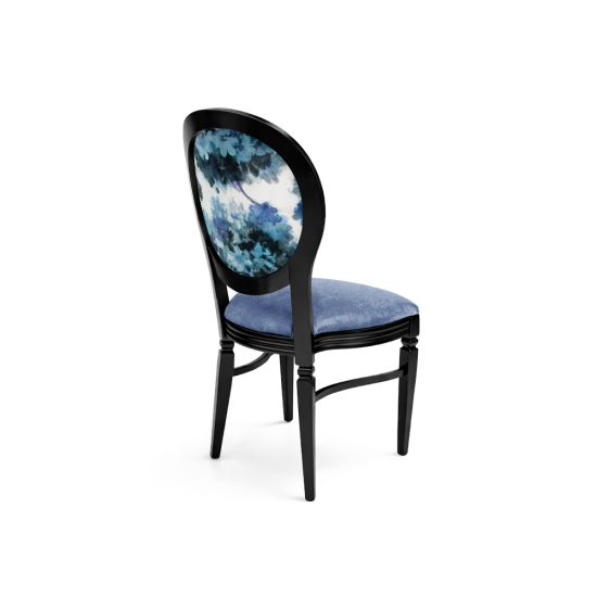 Black Chandelle chair with oval floral back and blue upholstered seat, elegant vintage-style banquet chair for weddings and formal events