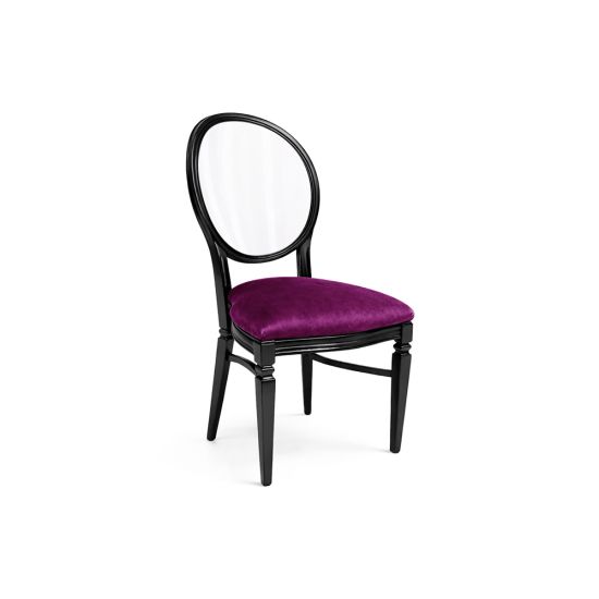 Black dining chair with oval clear backrest and black upholstered seat.